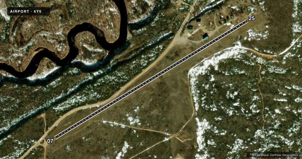 Top-down satellite sketch of 6Y5 TWO HEARTED AIRSTRIP in NEWBERRY, MICHIGAN, showing runways 07/25 drawn to scale over Esri World Imagery