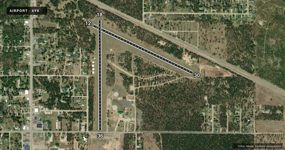 Top-down satellite sketch of 6Y6 ST HELEN in ST HELEN, MICHIGAN, showing runways 12/30, 18/36 drawn to scale over Esri World Imagery