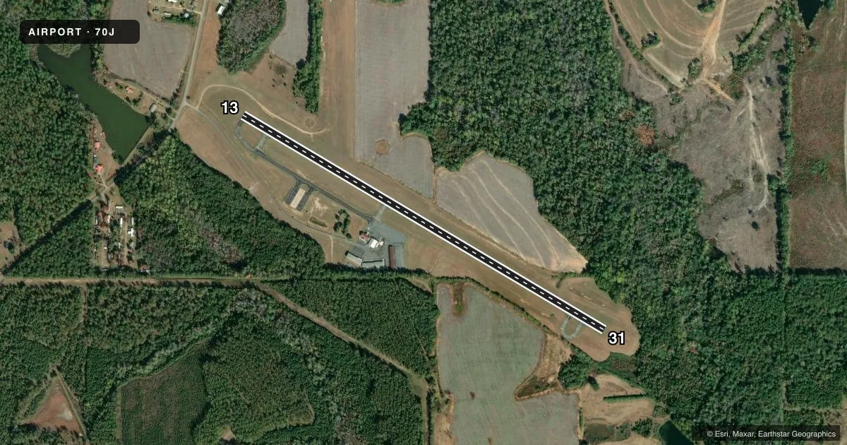 Top-down satellite sketch of 70J CAIRO-GRADY COUNTY in CAIRO, GEORGIA, showing runways 13/31 drawn to scale over Esri World Imagery