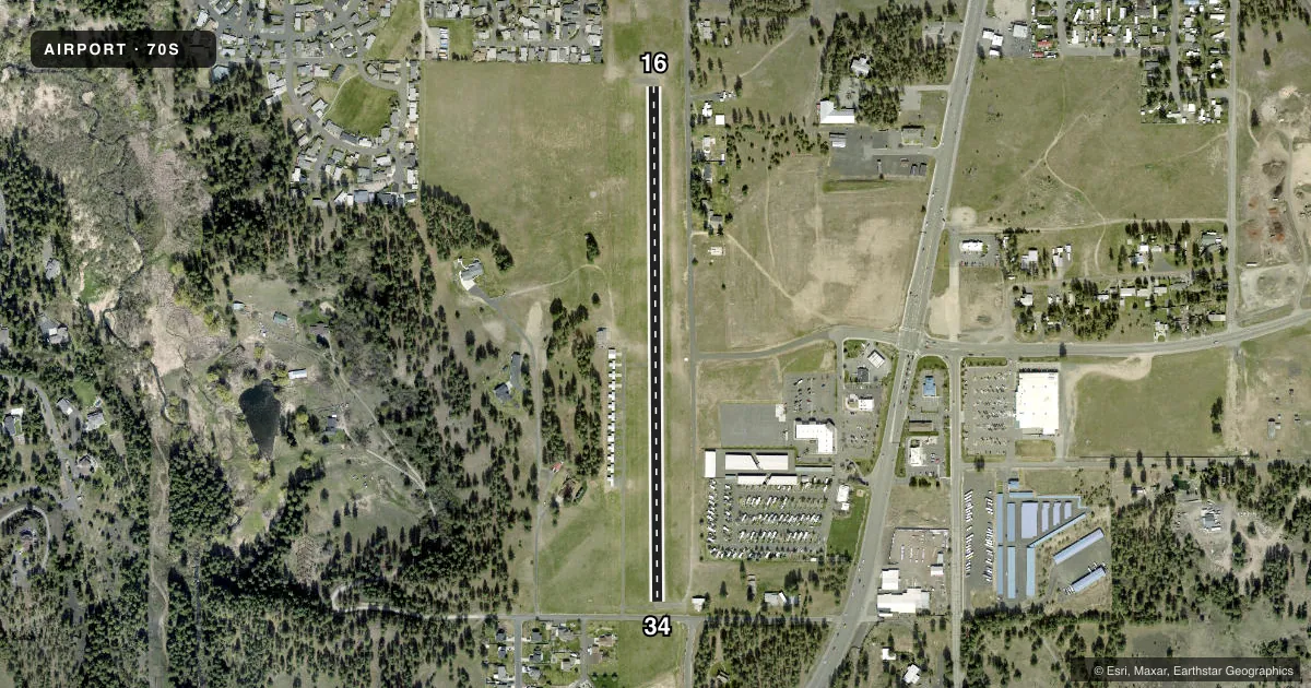 Top-down satellite sketch of 70S MEAD FLYING SERVICE in MEAD, WASHINGTON, showing runways 16/34 drawn to scale over Esri World Imagery