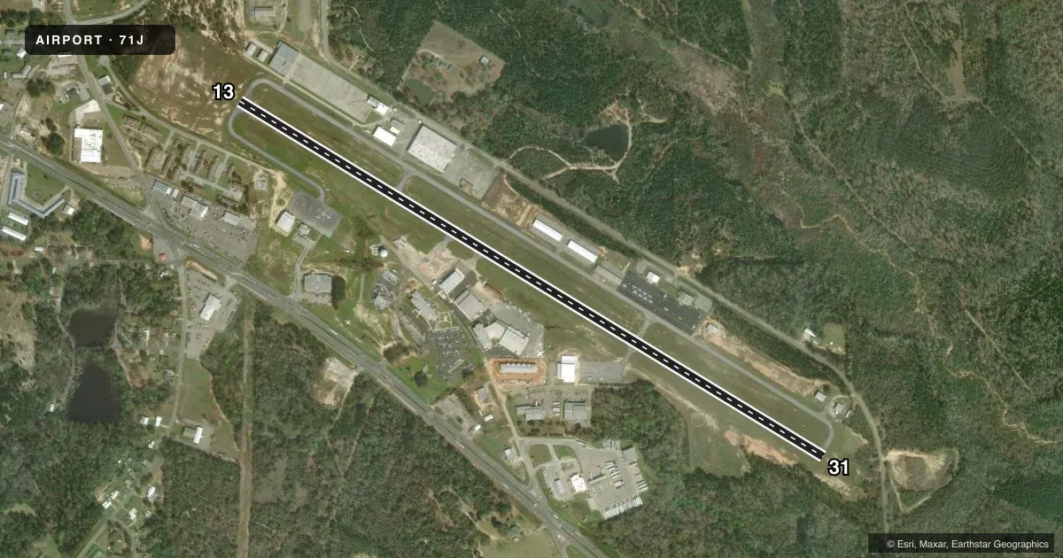 Top-down satellite sketch of 71J OZARK/BLACKWELL FLD in OZARK, ALABAMA, showing runways 13/31 drawn to scale over Esri World Imagery