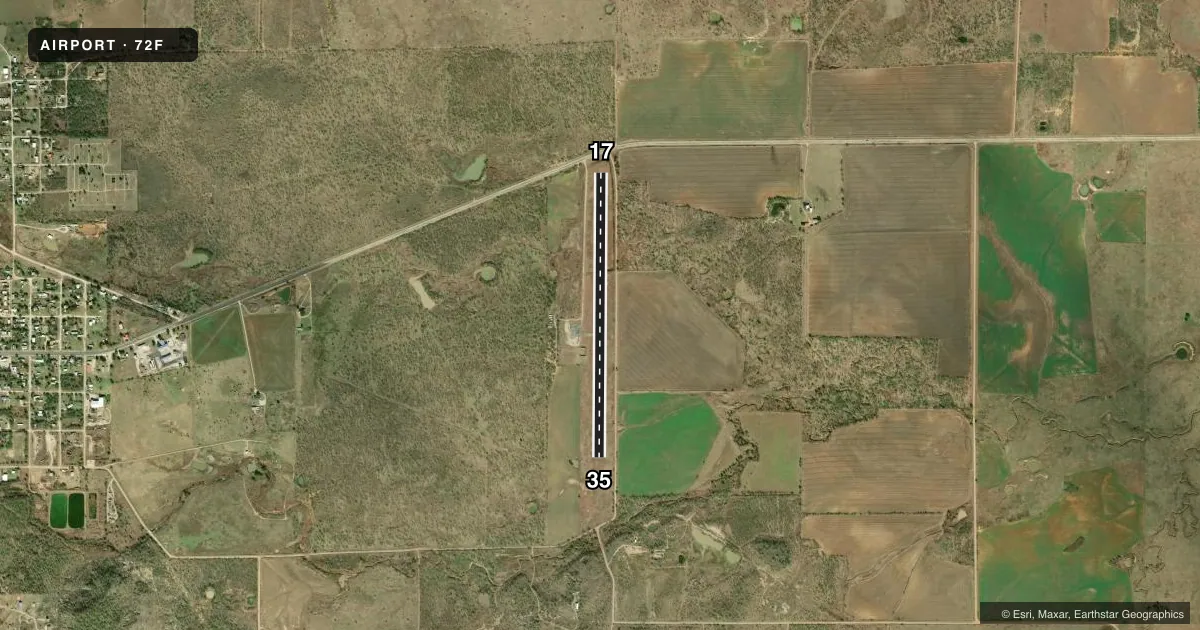 Top-down satellite sketch of 72F THROCKMORTON MUNI in THROCKMORTON, TEXAS, showing runways 17/35 drawn to scale over Esri World Imagery