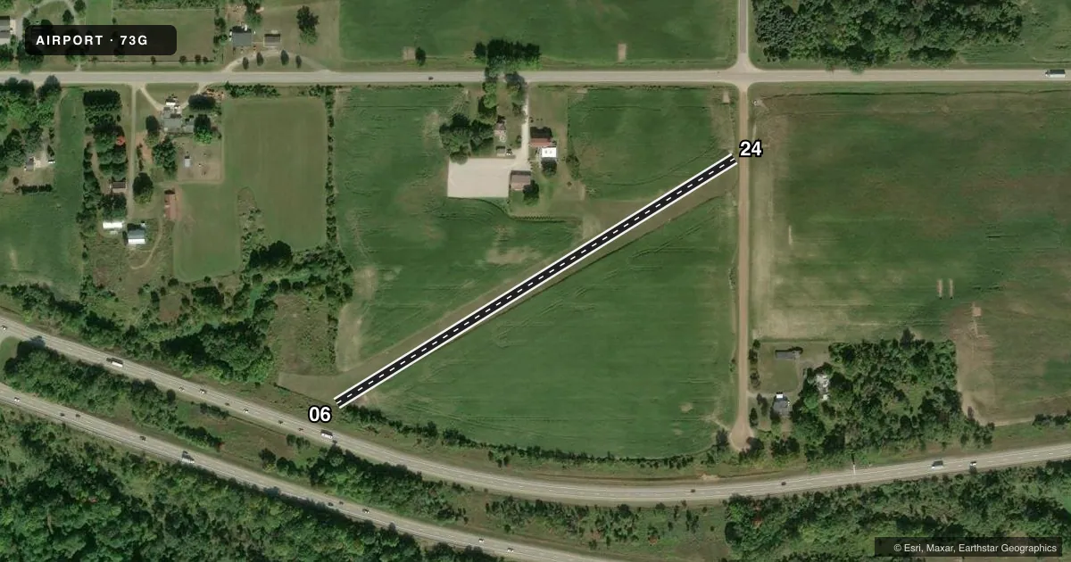 Top-down satellite sketch of 73G CHERRY FLD in NUNICA, MICHIGAN, showing runways 06/24 drawn to scale over Esri World Imagery