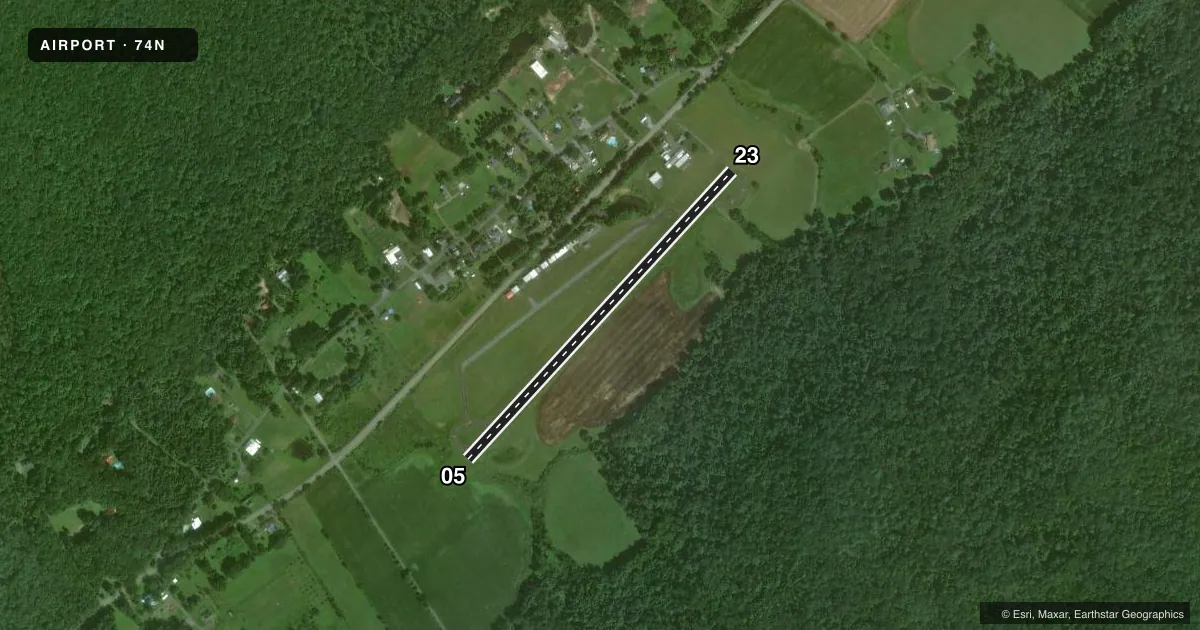 Top-down satellite sketch of 74N BENDIGO in TOWER CITY, PENNSYLVANIA, showing runways 05/23 drawn to scale over Esri World Imagery