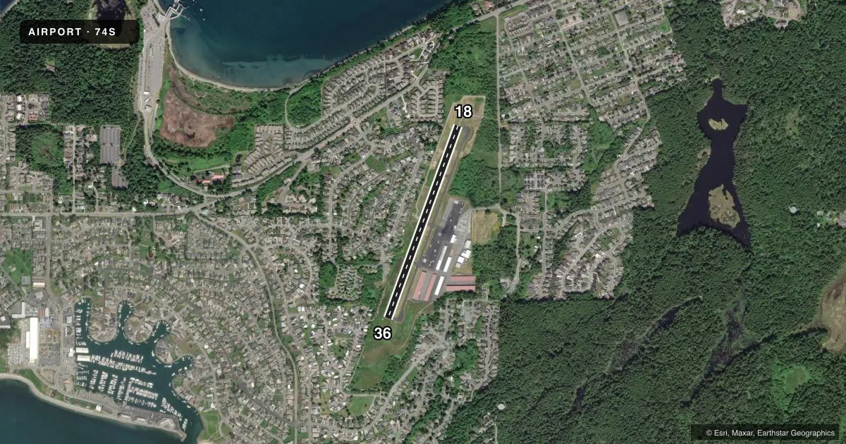 Top-down satellite sketch of 74S ANACORTES in ANACORTES, WASHINGTON, showing runways 18/36 drawn to scale over Esri World Imagery