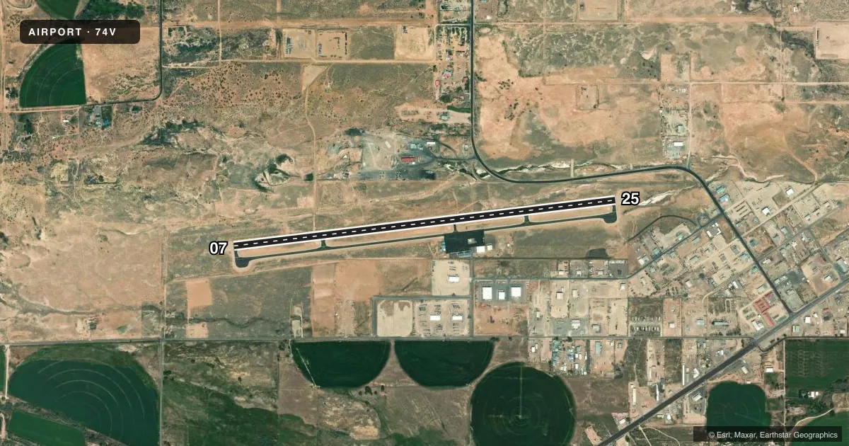 Top-down satellite sketch of 74V ROOSEVELT MUNI in ROOSEVELT, UTAH, showing runways 07/25 drawn to scale over Esri World Imagery
