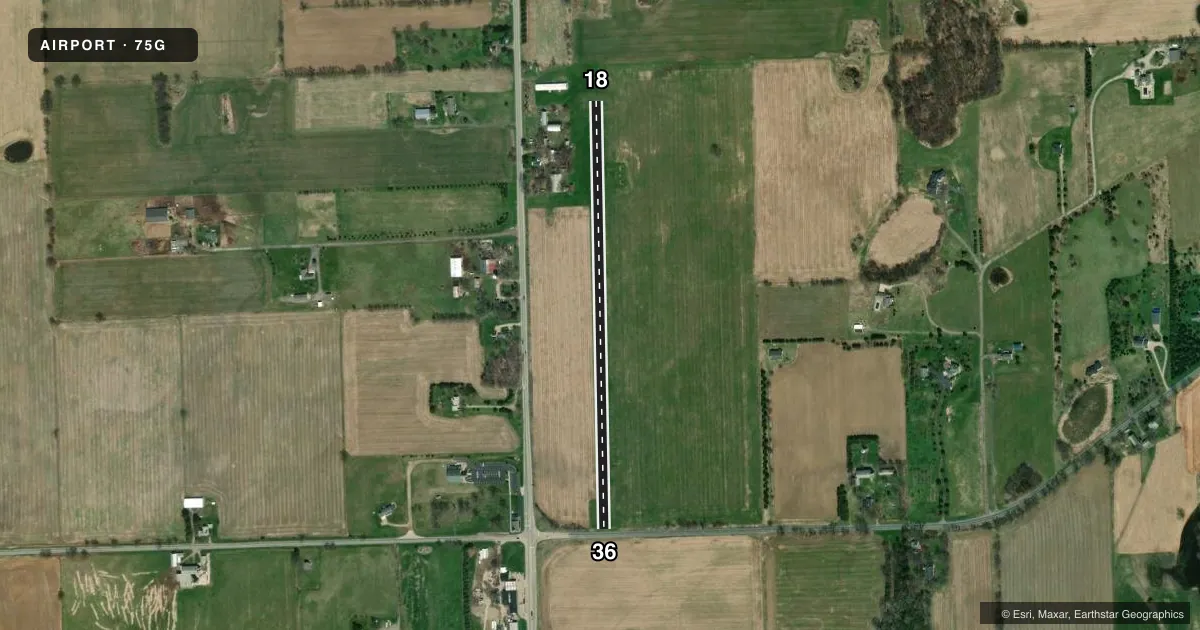 Top-down satellite sketch of 75G ROSSETTIE in MANCHESTER, MICHIGAN, showing runways 18/36 drawn to scale over Esri World Imagery