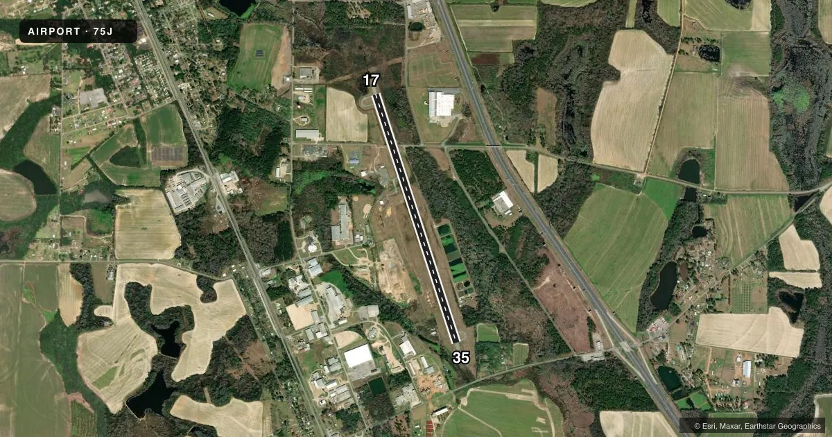 Top-down satellite sketch of 75J TURNER COUNTY in ASHBURN, GEORGIA, showing runways 17/35 drawn to scale over Esri World Imagery