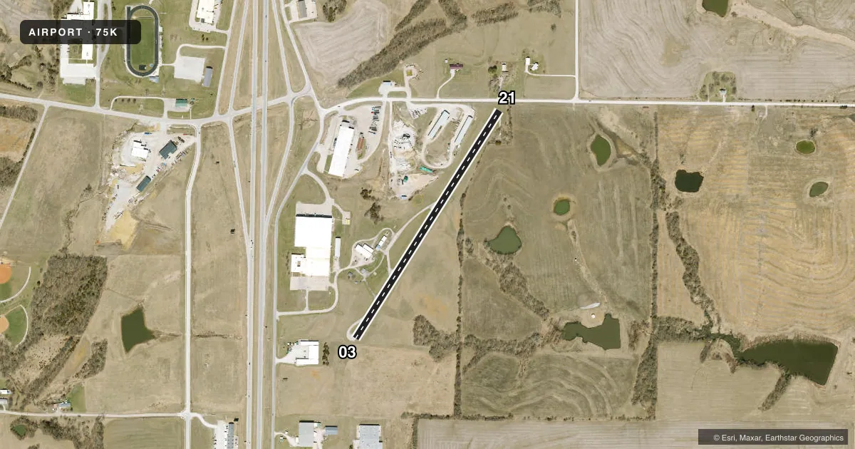 Top-down satellite sketch of 75K BETHANY MEML in BETHANY, MISSOURI, showing runways 03/21 drawn to scale over Esri World Imagery