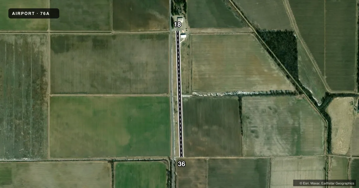 Top-down satellite sketch of 76A EFS in SHOFFNER, ARKANSAS, showing runways 18/36 drawn to scale over Esri World Imagery