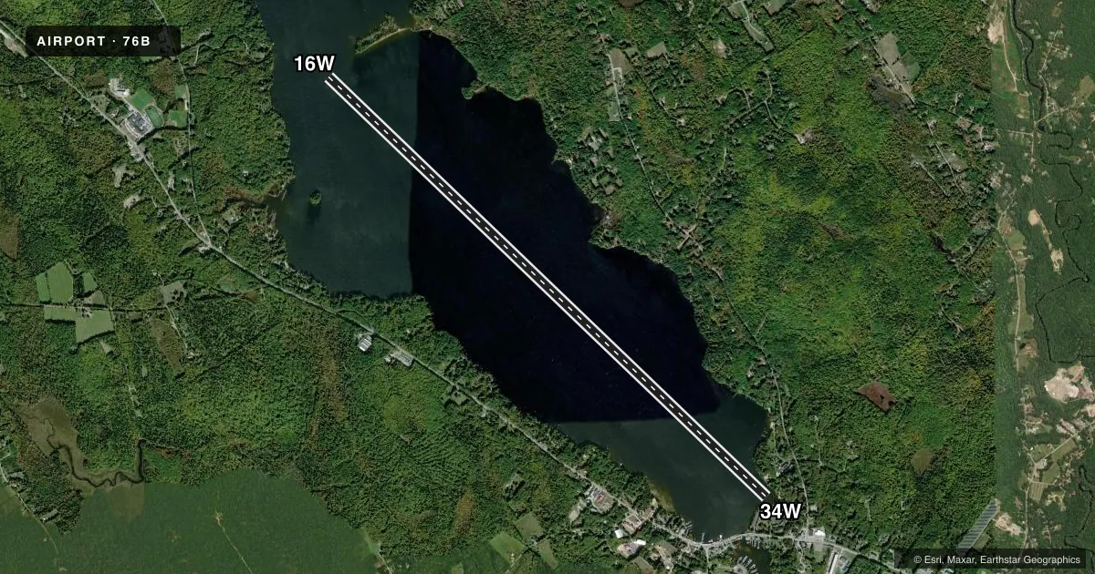 Top-down satellite sketch of 76B LONG LAKE in NAPLES, MAINE, showing runways 16W/34W drawn to scale over Esri World Imagery