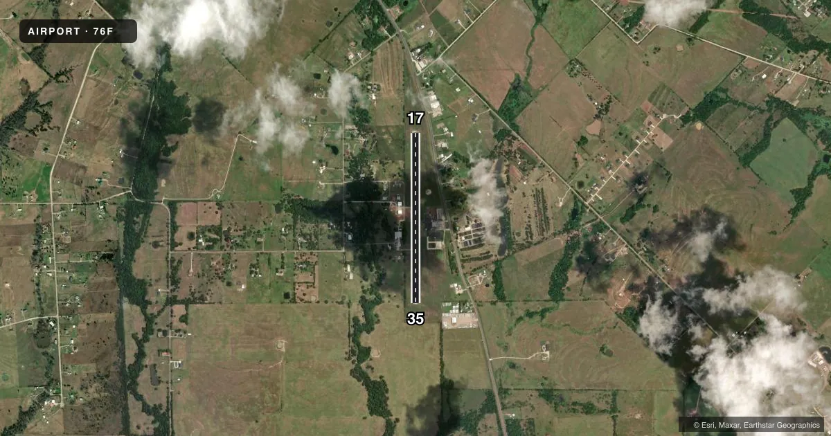 Top-down satellite sketch of 76F VAN ZANDT COUNTY RGNL in WILLS POINT, TEXAS, showing runways 17/35 drawn to scale over Esri World Imagery