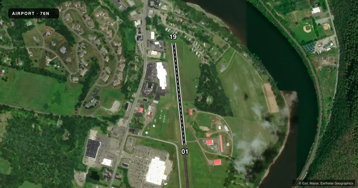 Top-down satellite sketch of 76N SKYHAVEN in TUNKHANNOCK, PENNSYLVANIA, showing runways 01/19 drawn to scale over Esri World Imagery