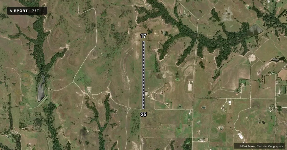 Top-down satellite sketch of 76T BISHOP in DECATUR, TEXAS, showing runways 17/35 drawn to scale over Esri World Imagery