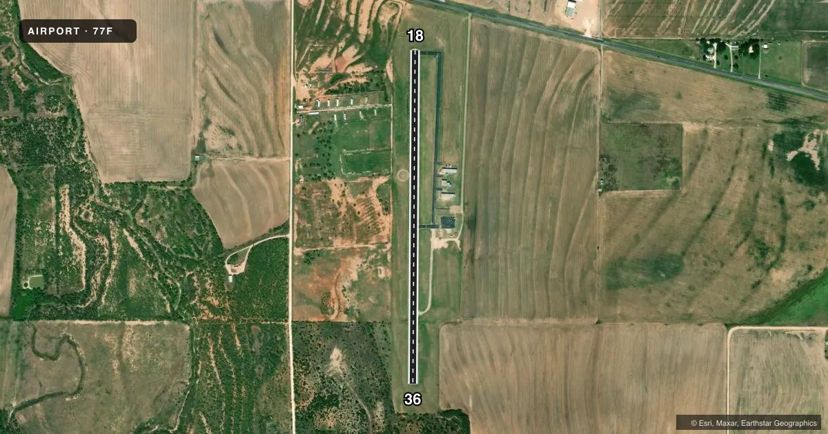 Top-down satellite sketch of 77F WINTERS MUNI in WINTERS, TEXAS, showing runways 18/36 drawn to scale over Esri World Imagery