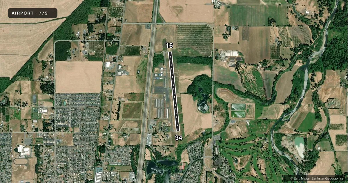 Top-down satellite sketch of 77S HOBBY FLD in CRESWELL, OREGON, showing runways 16/34 drawn to scale over Esri World Imagery