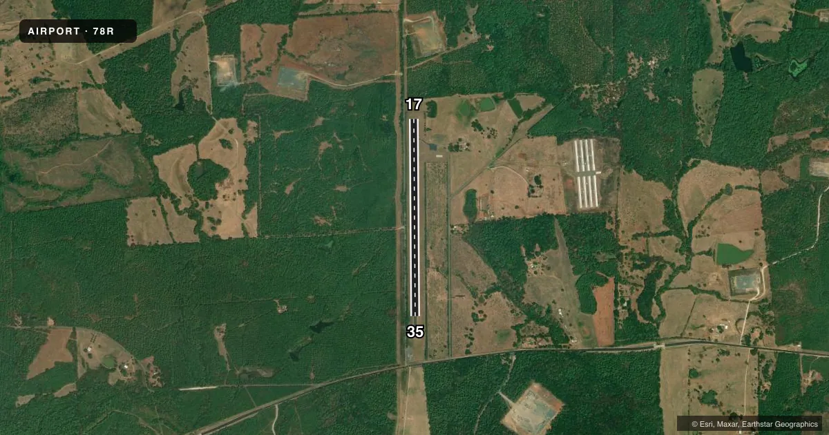 Top-down satellite sketch of 78R SAN AUGUSTINE COUNTY in SAN AUGUSTINE, TEXAS, showing runways 17/35 drawn to scale over Esri World Imagery