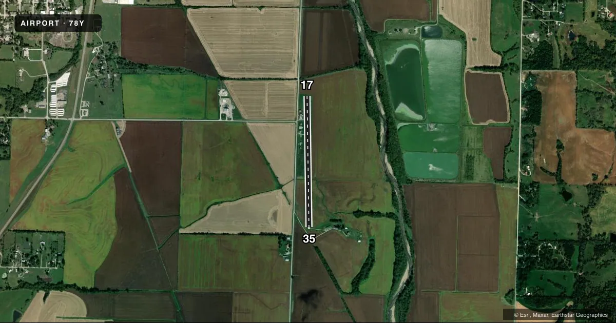Top-down satellite sketch of 78Y RANKIN in MARYVILLE, MISSOURI, showing runways 17/35 drawn to scale over Esri World Imagery