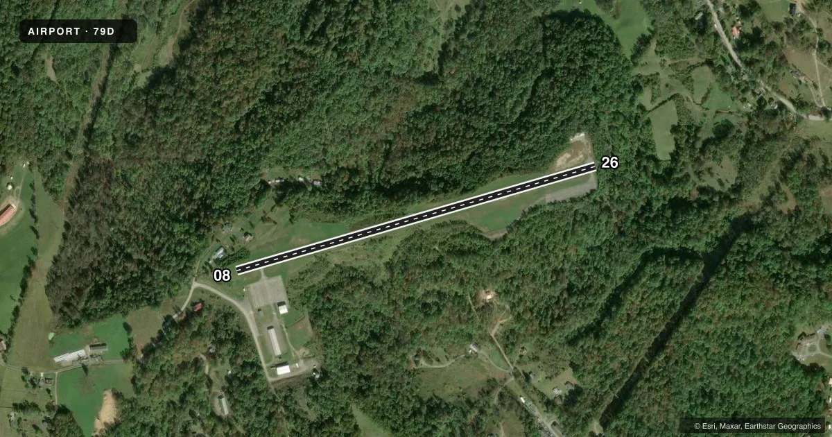 Top-down satellite sketch of 79D PHILIPPI/BARBOUR COUNTY RGNL in PHILIPPI, WEST VIRGINIA, showing runways 08/26 drawn to scale over Esri World Imagery