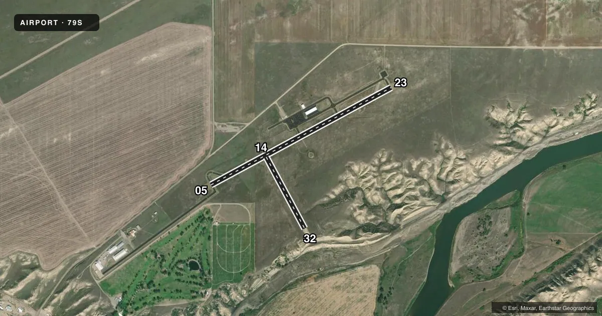 Top-down satellite sketch of 79S FORT BENTON in FORT BENTON, MONTANA, showing runways 05/23, 14/32 drawn to scale over Esri World Imagery