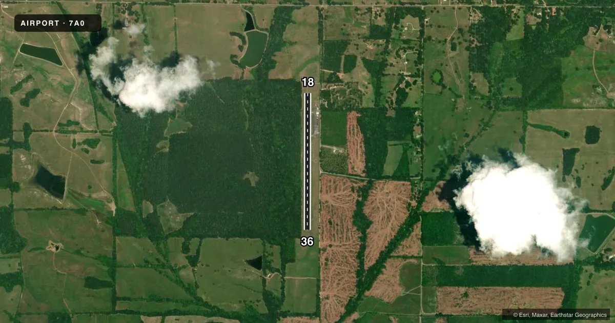 Top-down satellite sketch of 7A0 GREENSBORO MUNI in GREENSBORO, ALABAMA, showing runways 18/36 drawn to scale over Esri World Imagery
