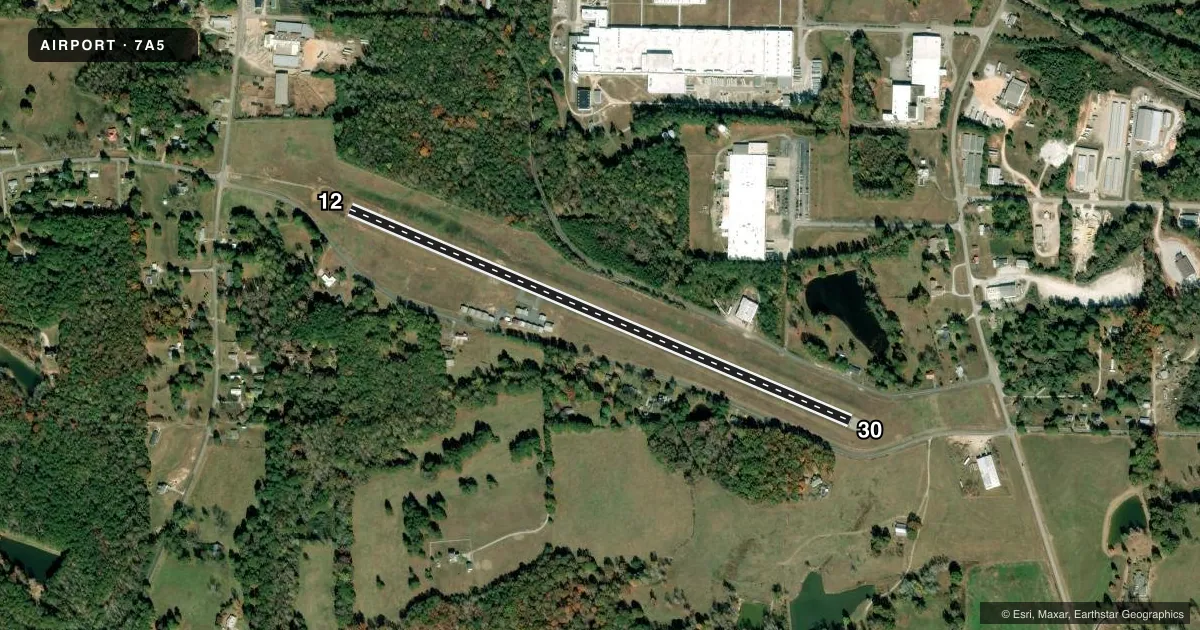 Top-down satellite sketch of 7A5 ROANOKE MUNI ENLOE in ROANOKE, ALABAMA, showing runways 12/30 drawn to scale over Esri World Imagery