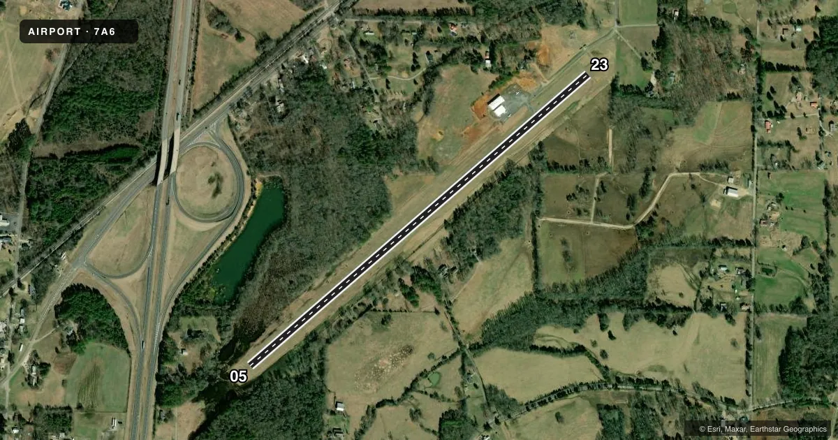 Top-down satellite sketch of 7A6 STEVENSON in STEVENSON, ALABAMA, showing runways 05/23 drawn to scale over Esri World Imagery