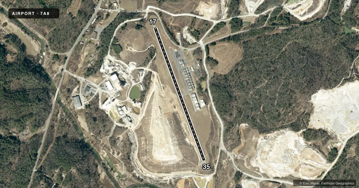 Top-down satellite sketch of 7A8 AVERY COUNTY/MORRISON FLD in SPRUCE PINE, NORTH CAROLINA, showing runways 17/35 drawn to scale over Esri World Imagery