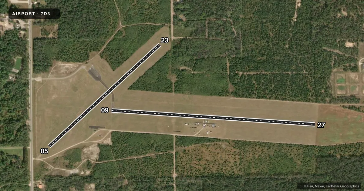 Top-down satellite sketch of 7D3 BALDWIN MUNI in BALDWIN, MICHIGAN, showing runways 09/27, 05/23 drawn to scale over Esri World Imagery