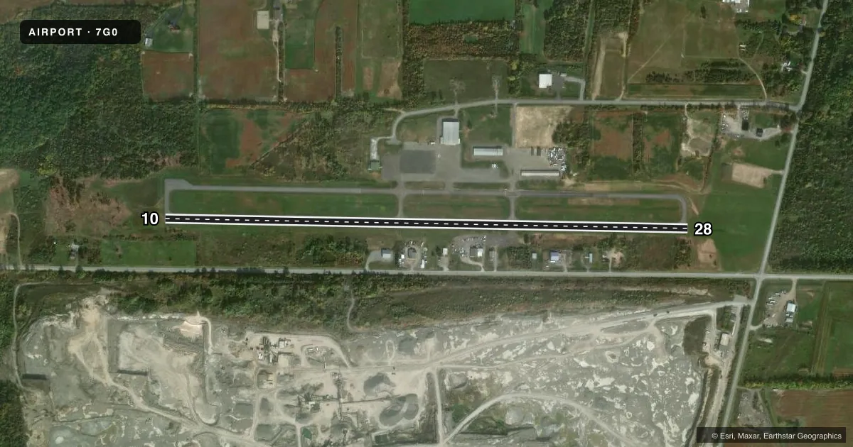 Top-down satellite sketch of 7G0 LEDGEDALE AIRPARK in BROCKPORT, NEW YORK, showing runways 10/28 drawn to scale over Esri World Imagery
