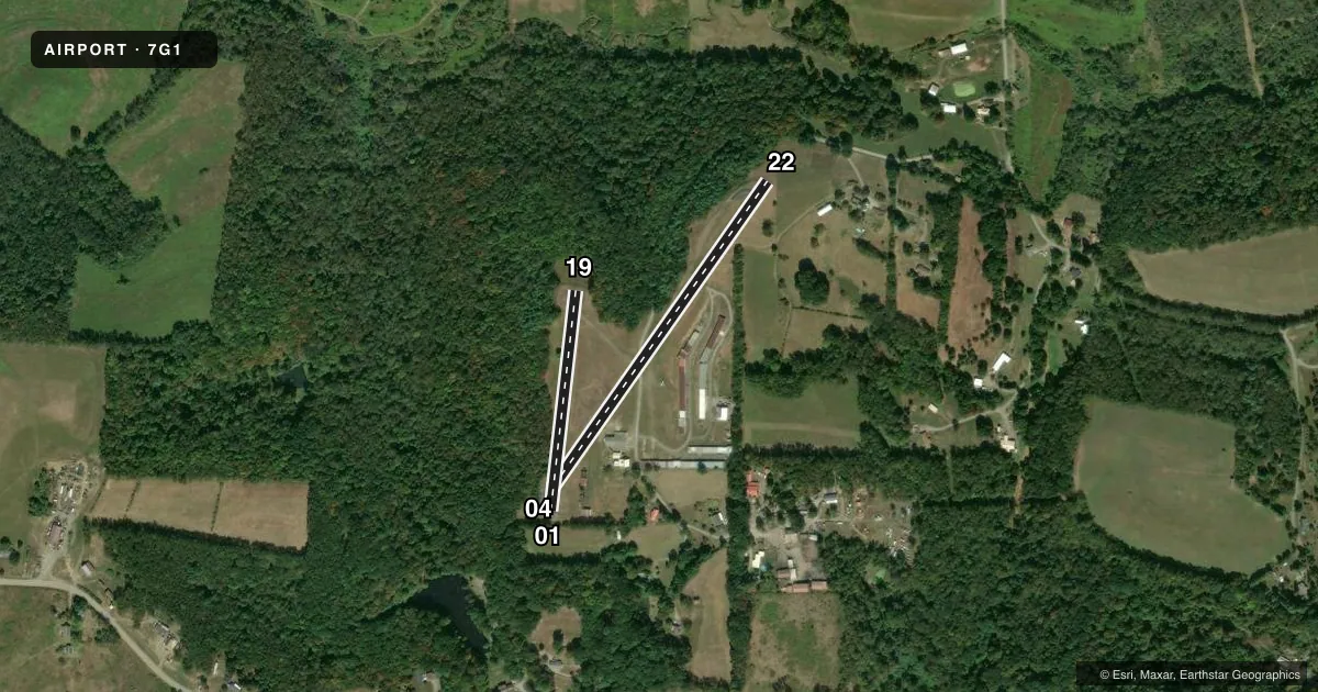 Top-down satellite sketch of 7G1 HERRON in NEW CUMBERLAND, WEST VIRGINIA, showing runways 04/22, 01/19 drawn to scale over Esri World Imagery