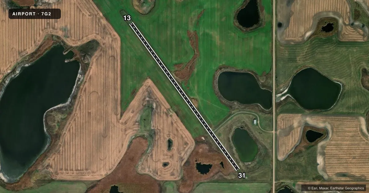 Top-down satellite sketch of 7G2 MC CLUSKY MUNI in MC CLUSKY, NORTH DAKOTA, showing runways 13/31 drawn to scale over Esri World Imagery