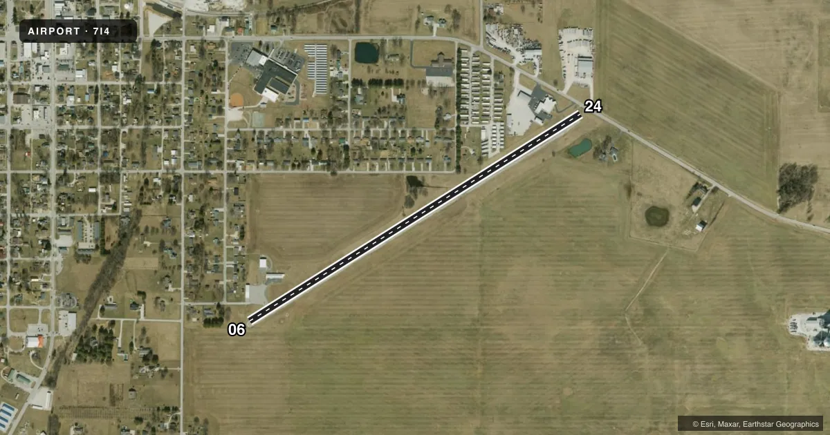 Top-down satellite sketch of 7I4 ORLEANS in ORLEANS, INDIANA, showing runways 06/24 drawn to scale over Esri World Imagery