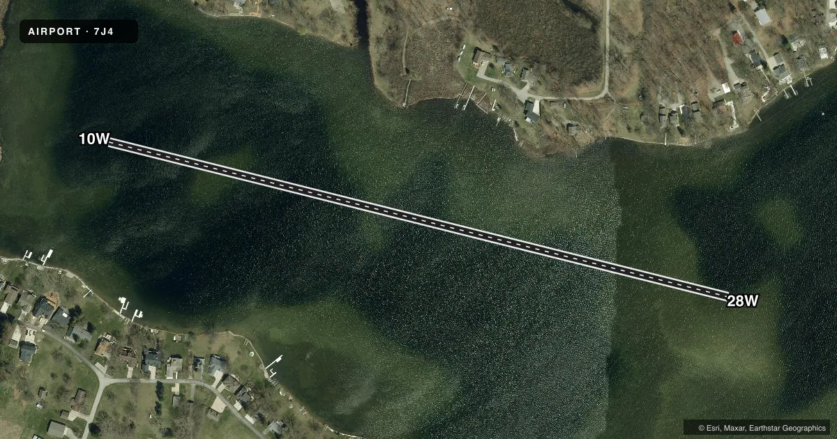 Top-down satellite sketch of 7J4 JIMMERSON LAKE in LAKE JAMES, INDIANA, showing runways 10W/28W drawn to scale over Esri World Imagery