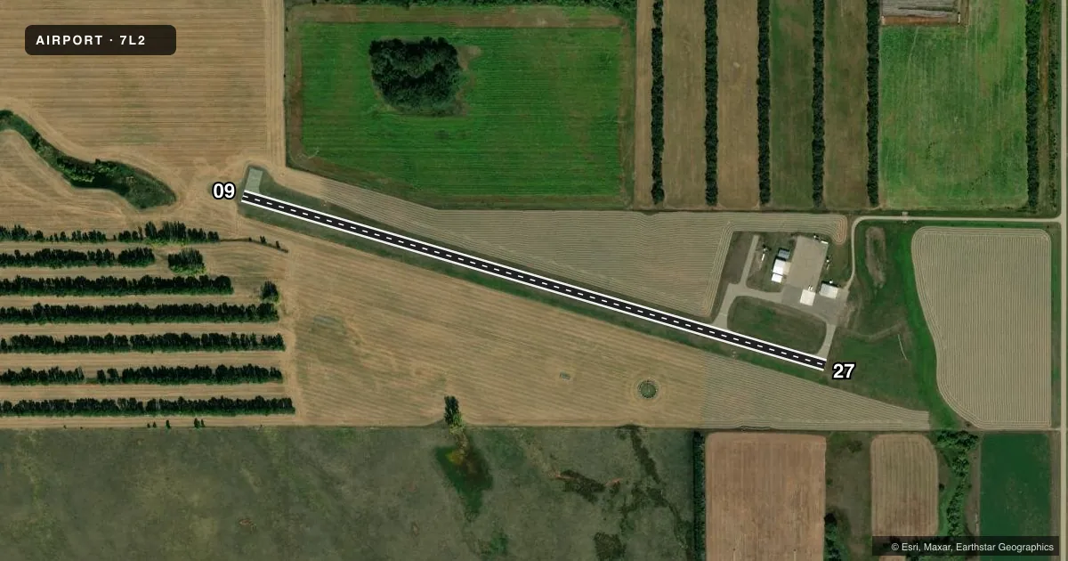 Top-down satellite sketch of 7L2 LINTON MUNI in LINTON, NORTH DAKOTA, showing runways 09/27 drawn to scale over Esri World Imagery