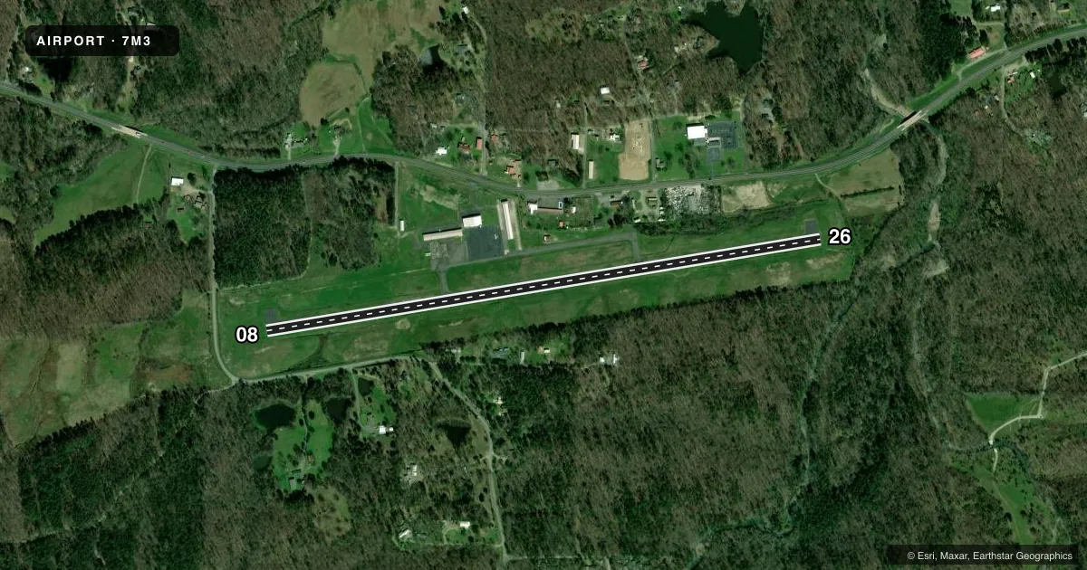 Top-down satellite sketch of 7M3 BEARCE in MOUNT IDA, ARKANSAS, showing runways 08/26 drawn to scale over Esri World Imagery