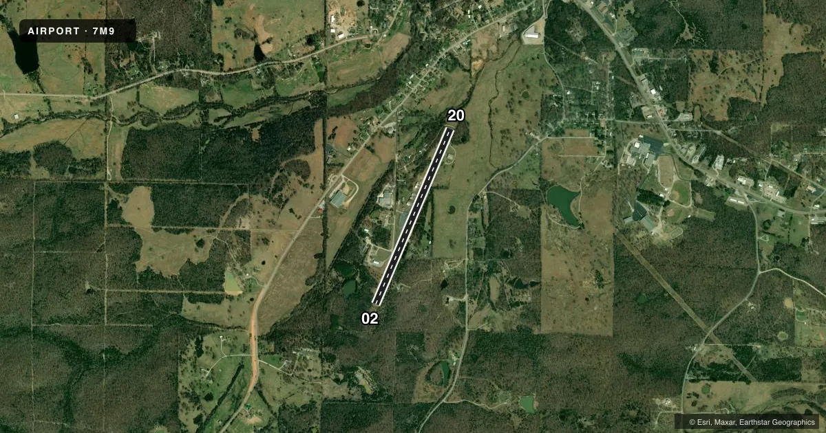 Top-down satellite sketch of 7M9 SALEM in SALEM, ARKANSAS, showing runways 02/20 drawn to scale over Esri World Imagery