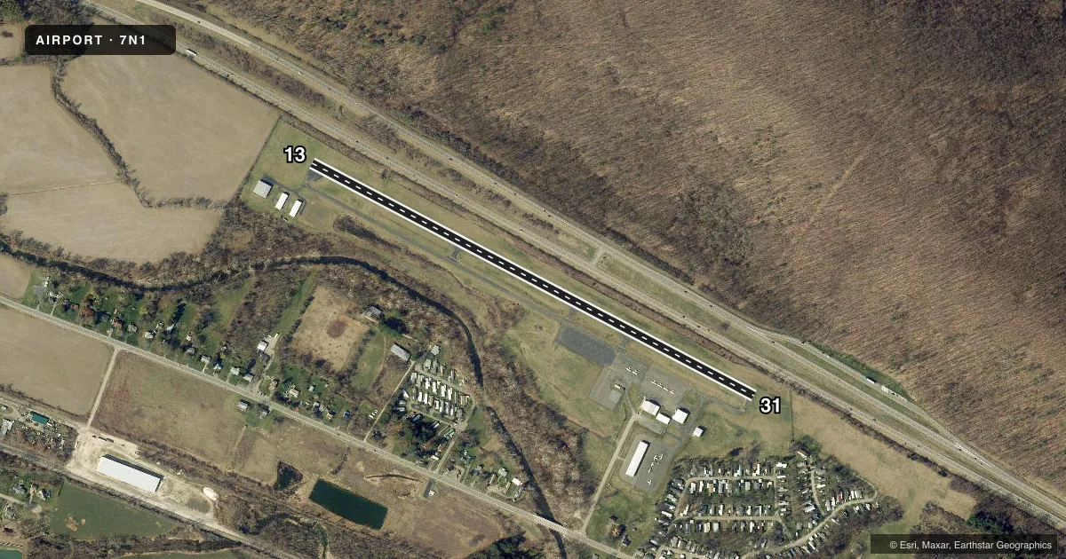 Top-down satellite sketch of 7N1 CORNING-PAINTED POST in CORNING, NEW YORK, showing runways 13/31 drawn to scale over Esri World Imagery