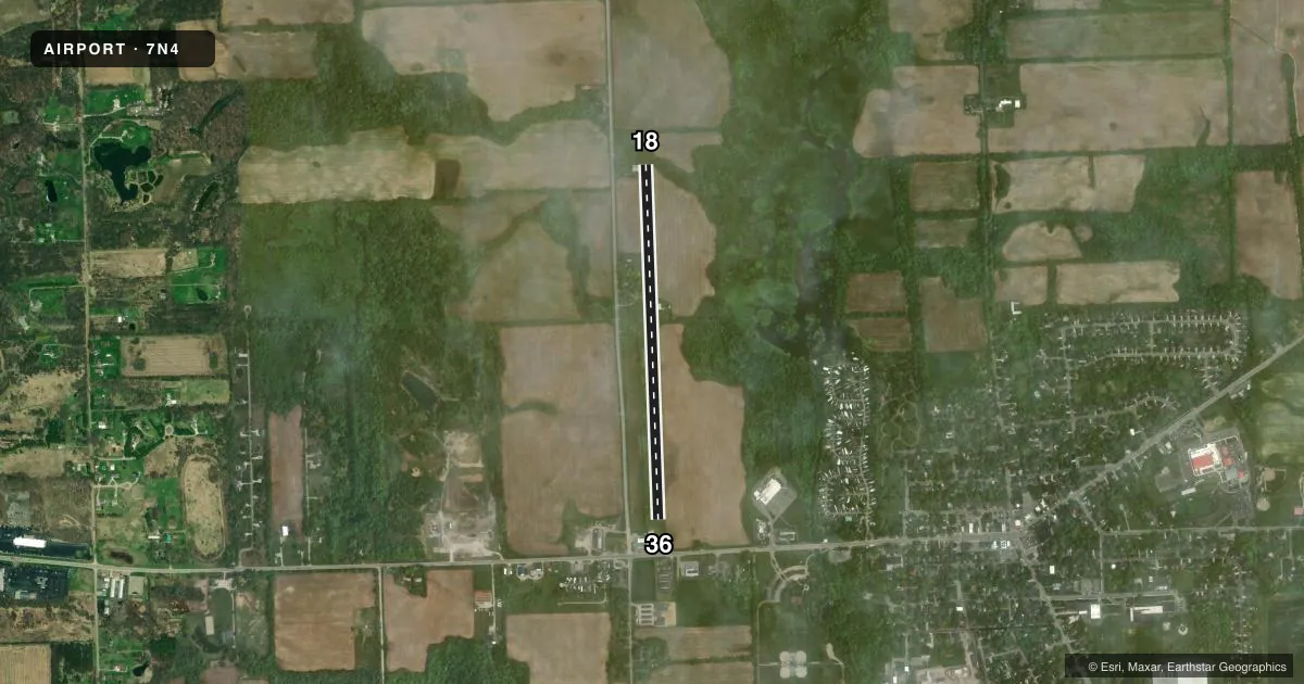 Top-down satellite sketch of 7N4 RAYMOND L KUSSMAUL JR MEML in CLINTON, MICHIGAN, showing runways 18/36 drawn to scale over Esri World Imagery