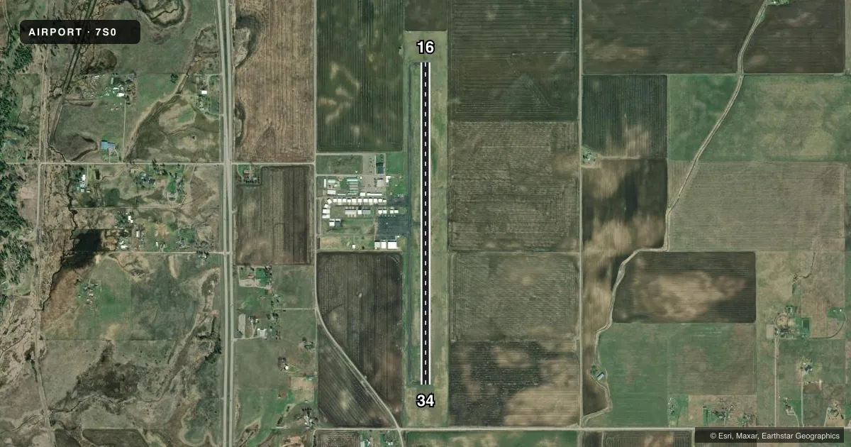 Top-down satellite sketch of 7S0 RONAN in RONAN, MONTANA, showing runways 16/34 drawn to scale over Esri World Imagery