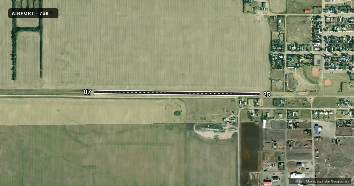 Top-down satellite sketch of 7S8 ROSS INTL in SWEETGRASS, MONTANA, showing runways 07/25 drawn to scale over Esri World Imagery