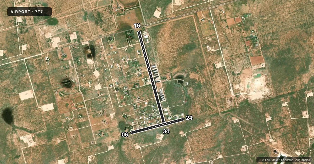 Top-down satellite sketch of 7T7 SKYWEST INC in MIDLAND, TEXAS, showing runways 16/34, 06/24 drawn to scale over Esri World Imagery