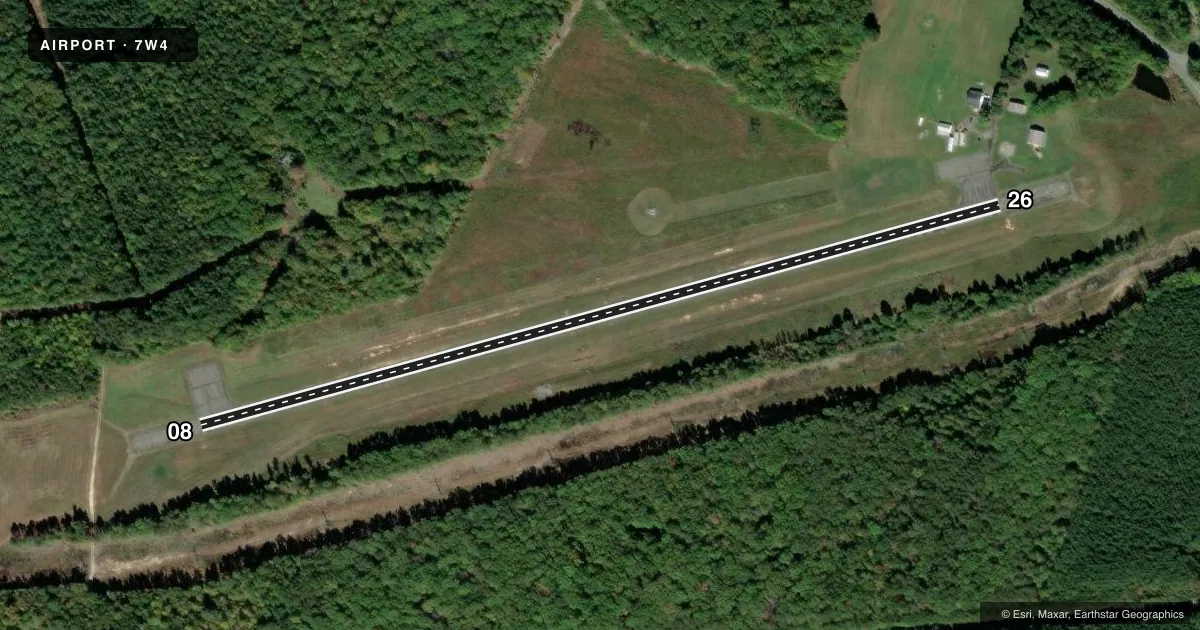 Top-down satellite sketch of 7W4 LAKE ANNA in BUMPASS, VIRGINIA, showing runways 08/26 drawn to scale over Esri World Imagery