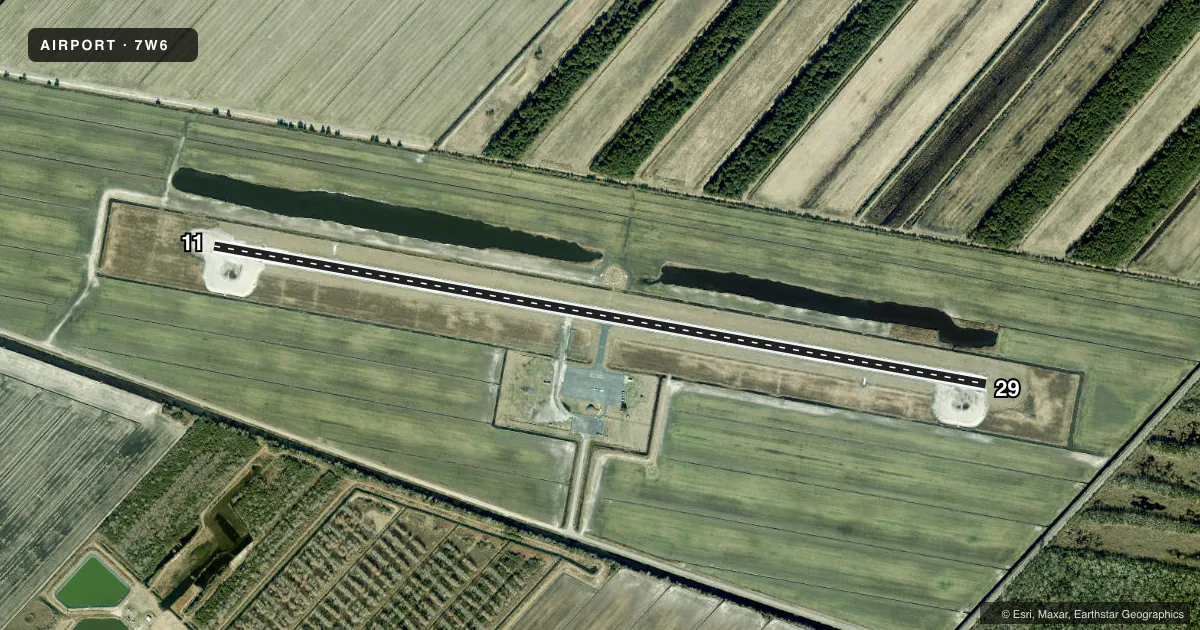 Top-down satellite sketch of 7W6 HYDE COUNTY in ENGELHARD, NORTH CAROLINA, showing runways 11/29 drawn to scale over Esri World Imagery