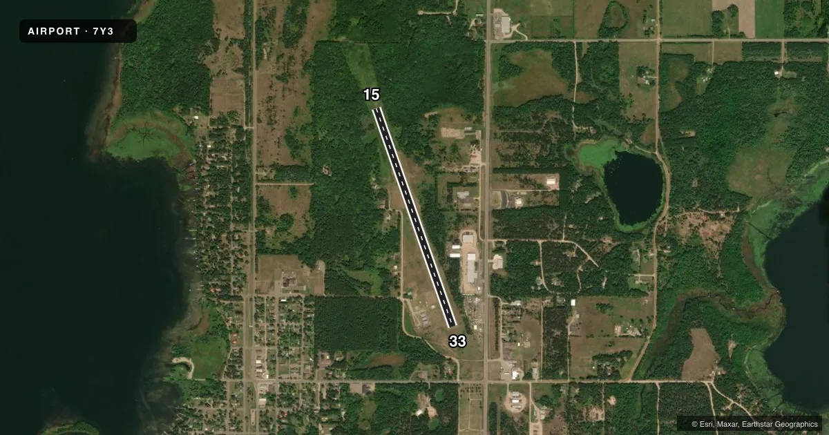 Top-down satellite sketch of 7Y3 BACKUS MUNI in BACKUS, MINNESOTA, showing runways 15/33 drawn to scale over Esri World Imagery