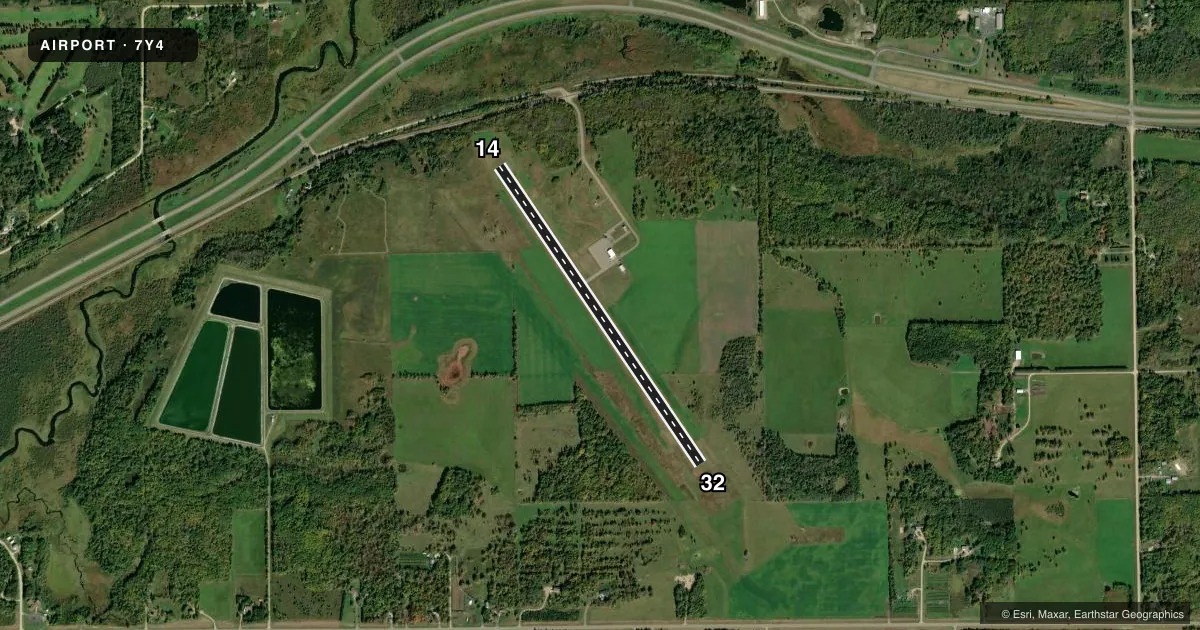 Top-down satellite sketch of 7Y4 BAGLEY MUNI in BAGLEY, MINNESOTA, showing runways 14/32 drawn to scale over Esri World Imagery