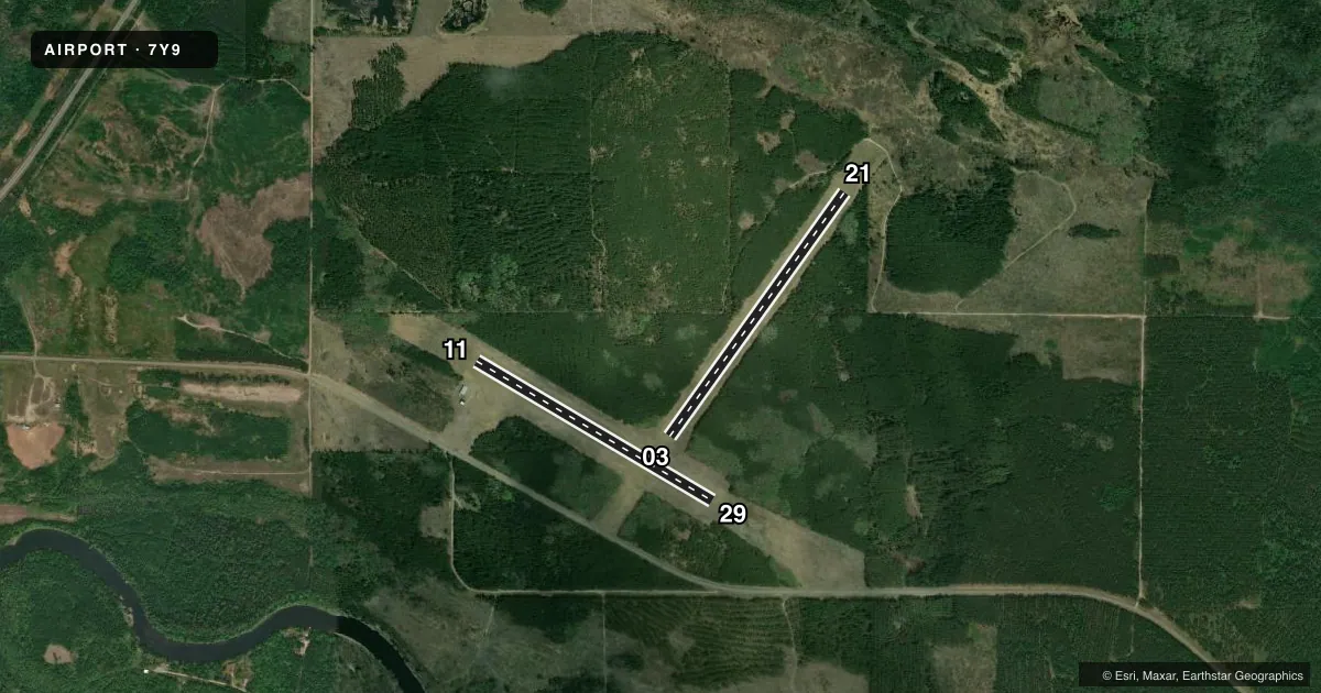 Top-down satellite sketch of 7Y9 BIG FALLS MUNI in BIG FALLS, MINNESOTA, showing runways 03/21, 11/29 drawn to scale over Esri World Imagery