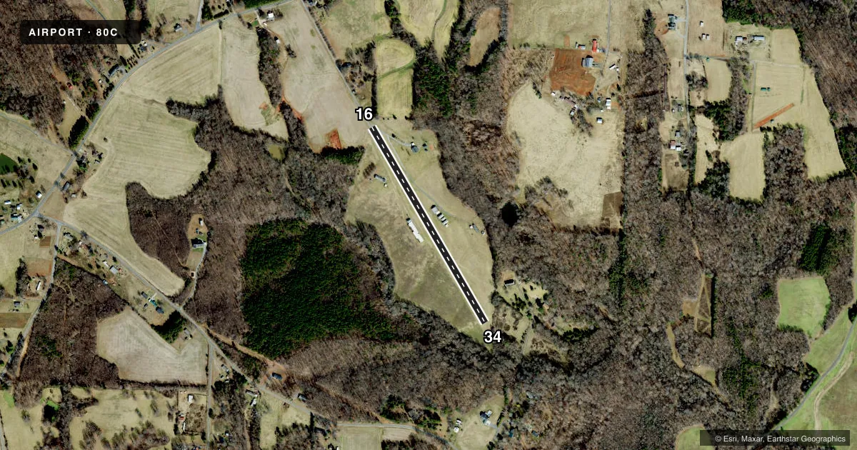 Top-down satellite sketch of 80C LONE HICKORY in YADKINVILLE, NORTH CAROLINA, showing runways 16/34 drawn to scale over Esri World Imagery