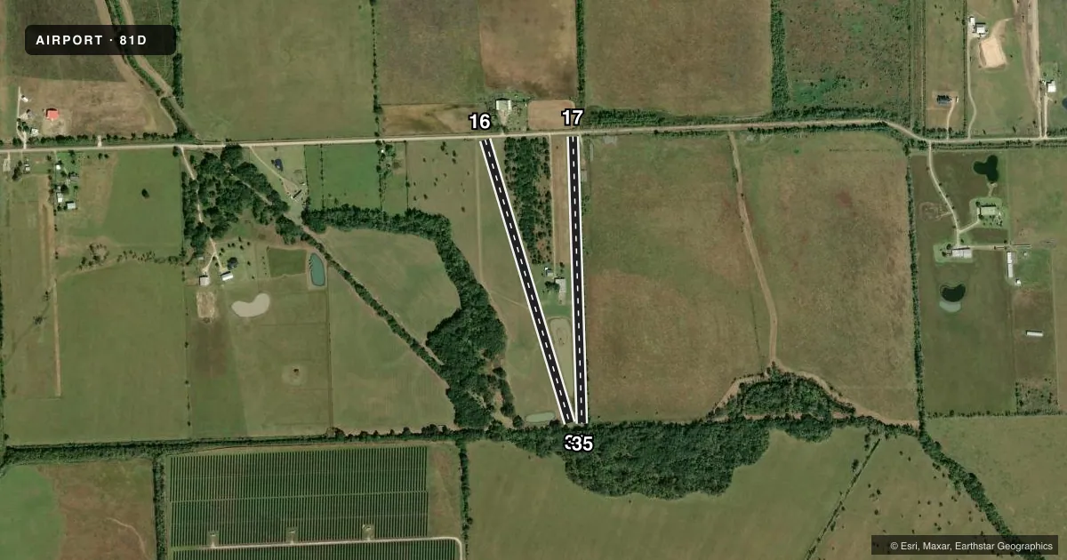 Top-down satellite sketch of 81D FLYIN TIGER in ANGLETON, TEXAS, showing runways 16/34, 17/35 drawn to scale over Esri World Imagery