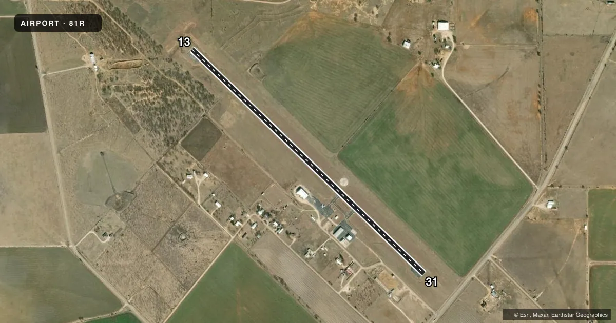 Top-down satellite sketch of 81R SAN SABA COUNTY MUNI in SAN SABA, TEXAS, showing runways 13/31 drawn to scale over Esri World Imagery